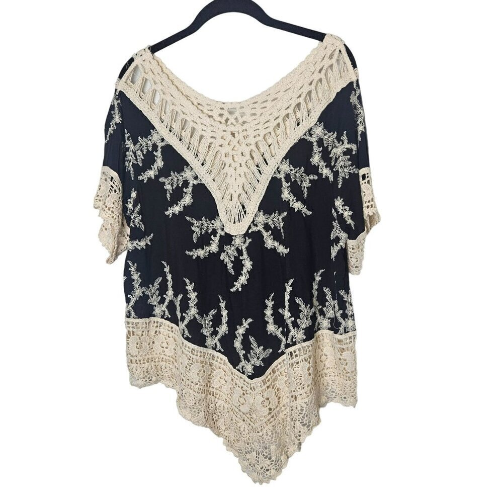 Solitaire Womens Black Cream‎ Crochet Lace Blouse Rayon Cotton Hand Wash Only M